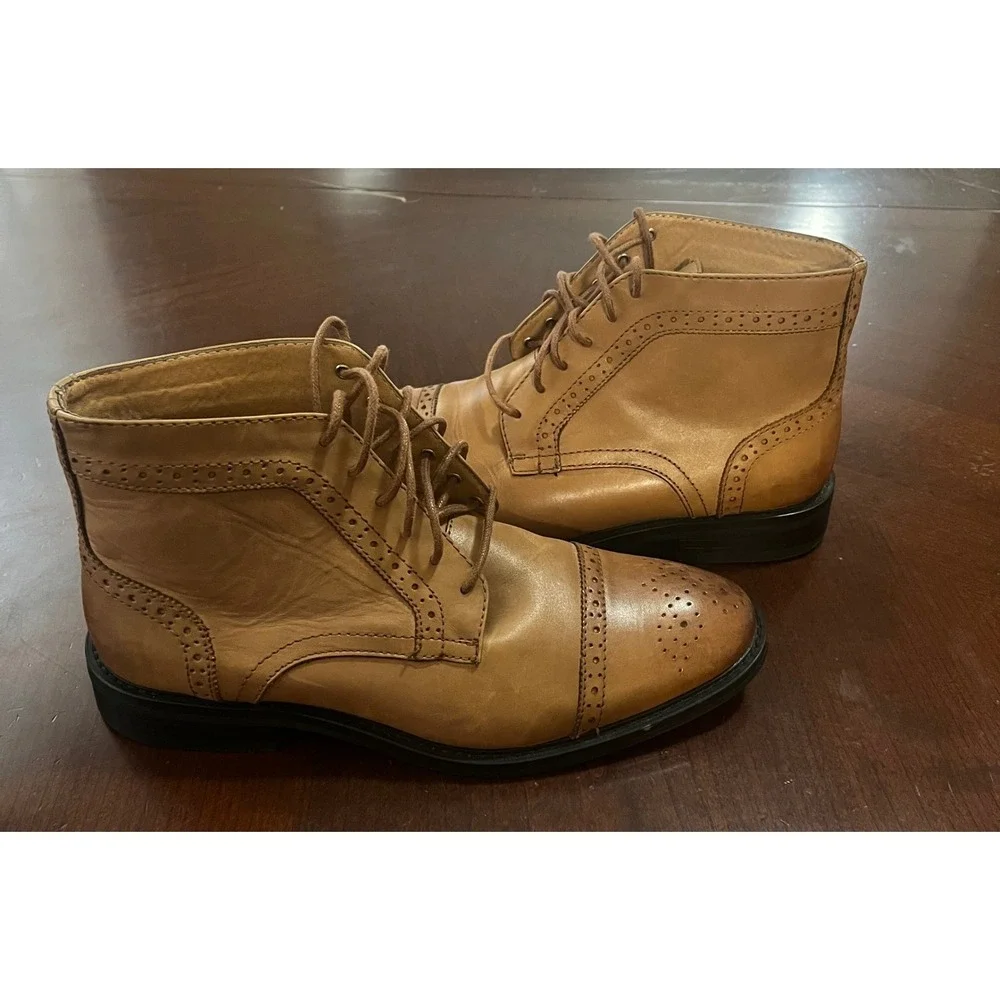 La Milano Mens Patina Tan Leather Wingtip Brogue Cap Toe Ankle Boots Size 9.5